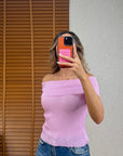 Bardot Yaka Fitilli İnce Triko-Pembe