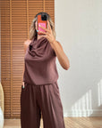 Saten Drapeli Pantolon Takım-Kahve