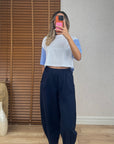 Dikiş Detaylı Gabardin Kumaş Pantolon -Lacivert