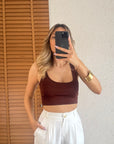 Kalın Askılı Crop Büstiyer-Kahve