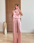 Saten Drapeli Pantolon Takım-Pudra Pembe