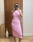 Pembe Yarasa Kol Midi Elbise