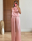 Saten Drapeli Pantolon Takım-Pudra Pembe