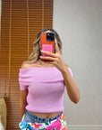 Bardot Yaka Fitilli İnce Triko-Pembe