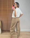 Dikiş Detaylı Gabardin Kumaş Pantolon -Camel