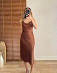 Lucca Saten Midi Elbise-Kahve