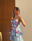 Desenli Peplum Bluz Mavi