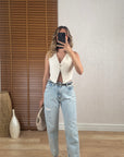 Yırtık Detaylı Denim Pantolon Buz Mavi