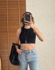 Dikiş Efektli Crop Top-Siyah