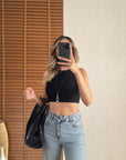 Dikiş Efektli Crop Top-Siyah