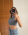 Dikiş Efektli Crop Top-Antrasit Melanj