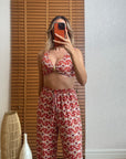 Gold Aksesuarlı Desenli Crop Pantolon Takım