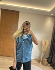 Mavi Fermuar Detaylı Denim Yelek