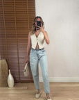 Yırtık Detaylı Denim Pantolon Buz Mavi