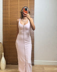 Pembe Fermuar Detaylı Askılı Fitilli Elbise