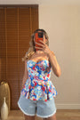 Desenli Peplum Bluz Mavi