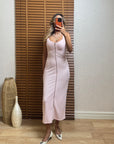 Pembe Fermuar Detaylı Askılı Fitilli Elbise