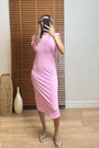 Pembe Yarasa Kol Midi Elbise