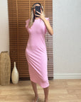 Pembe Yarasa Kol Midi Elbise