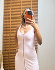 Pembe Fermuar Detaylı Askılı Fitilli Elbise