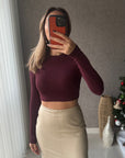 Dilvin Uzun Kollu Crop Top-Bordo