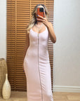 Pembe Fermuar Detaylı Askılı Fitilli Elbise