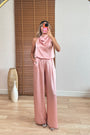 Saten Drapeli Pantolon Takım-Pudra Pembe