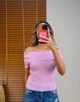 Bardot Yaka Fitilli İnce Triko-Pembe