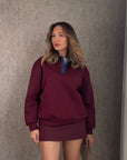 Bordo Yakası Kot Detaylı Şardonlu Sweatshirt