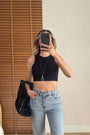Dikiş Efektli Crop Top-Siyah