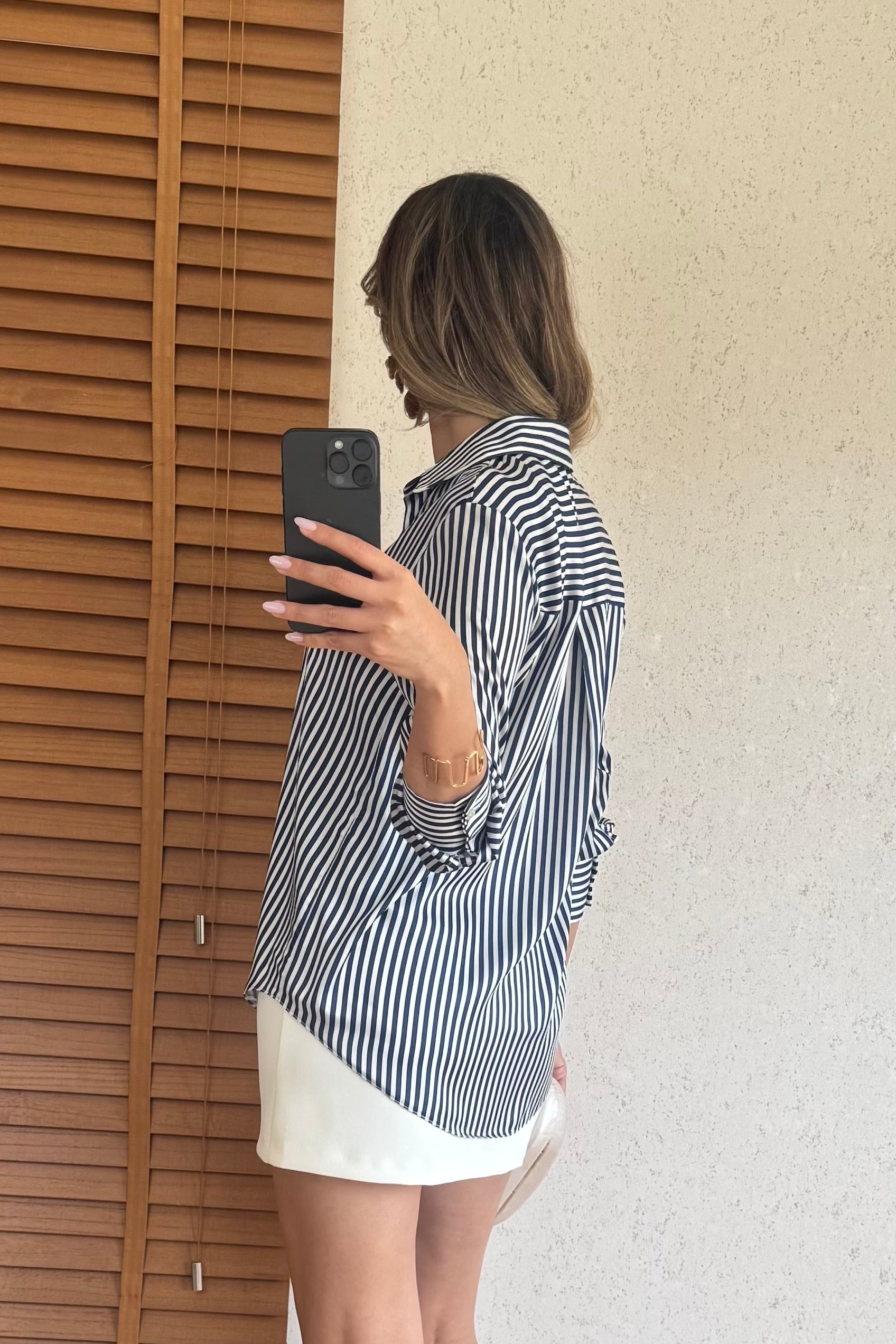 Lili Lacivert Çizgili Saten Gömlek