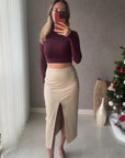 Dilvin Uzun Kollu Crop Top-Bordo